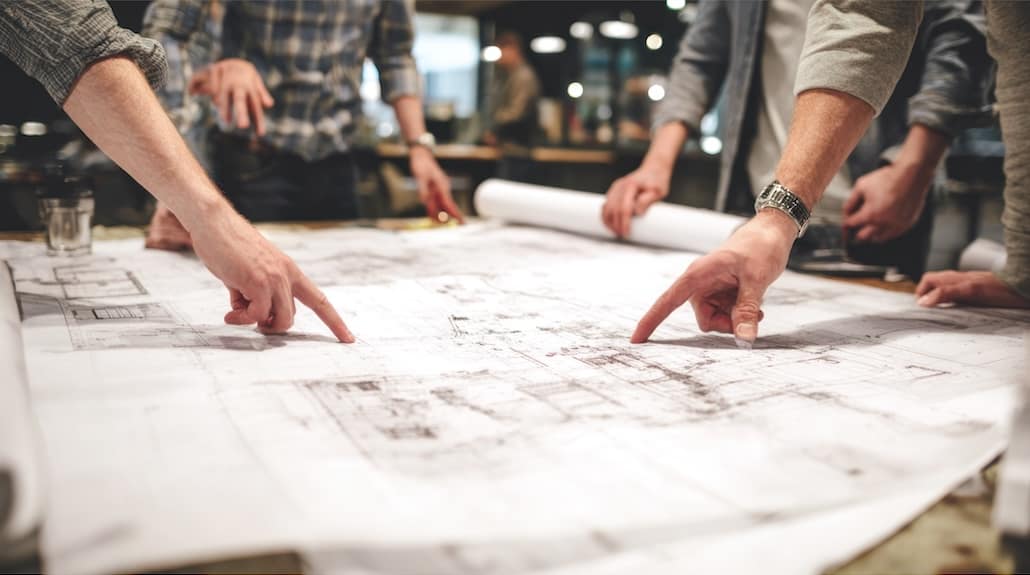 Construction Team-1030x575-64kb Commercial construction team reviewing architectural blueprints and planning a property restoration project