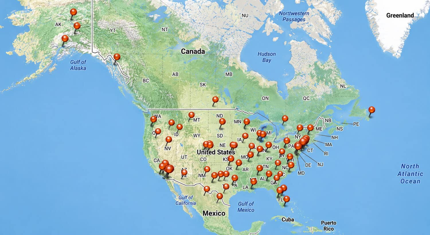 Reno Consult Project Map-1500x823-325kb Map of North America showing nationwide hospitality renovation and property improvement project locations for PIP General Contractors, with highlighted service coverage across the United States, Canada, Alaska, and coastal regions.