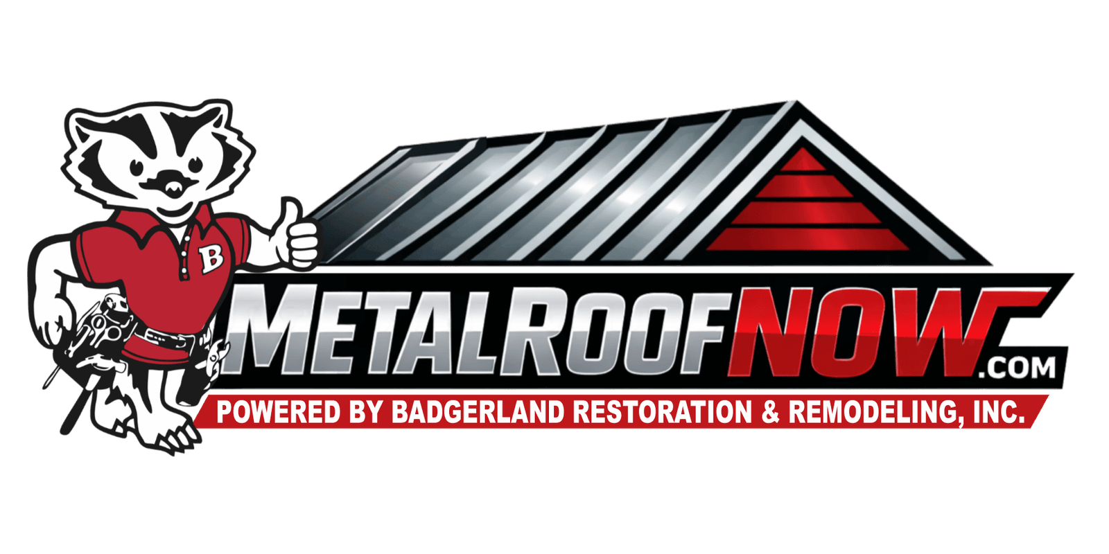 Cartoon image of Bucky badger with thumbs up, metal roof now logo with image of roof