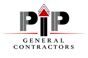 PIP General Contractors company logo with stylized roof icon and bold lettering on black background