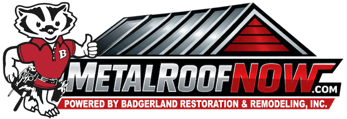 Cartoon image of Bucky badger with thumbs up, metal roof now logo with image of roof