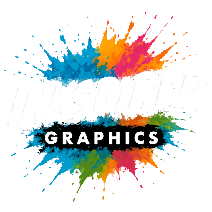 Inkspired Graphics logo featuring bold white brush-style lettering over a vibrant multicolor paint splash background with blue, orange, pink, green, and yellow accents